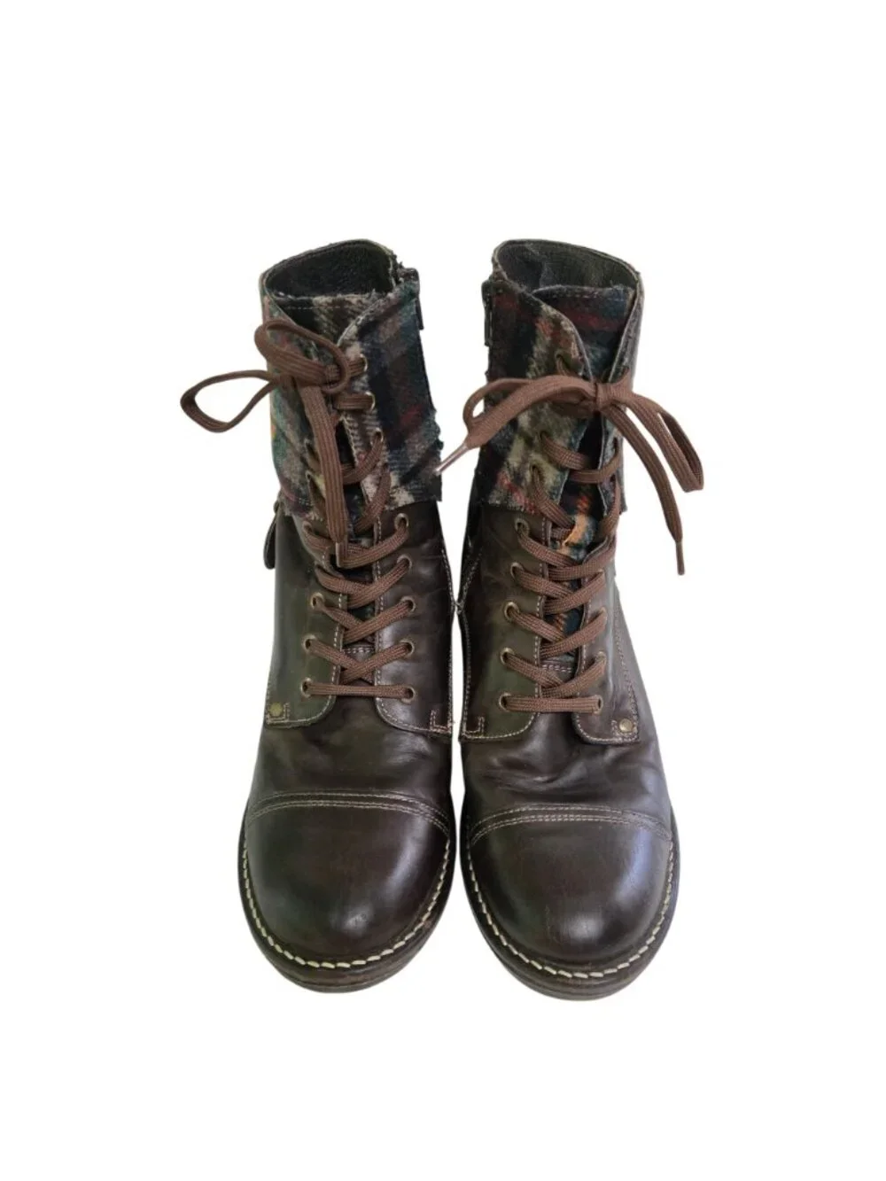 Taos Crave Chocolate Plaid Boot Lace Up Leather Flannel Quality Size 41/10-10.5
